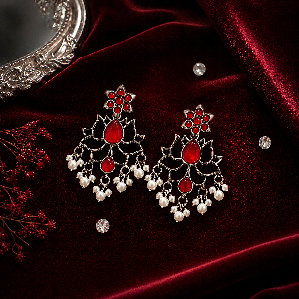 Raannii Red Lotus Earrings – Oxidised Pearl Drop Statement Earrings