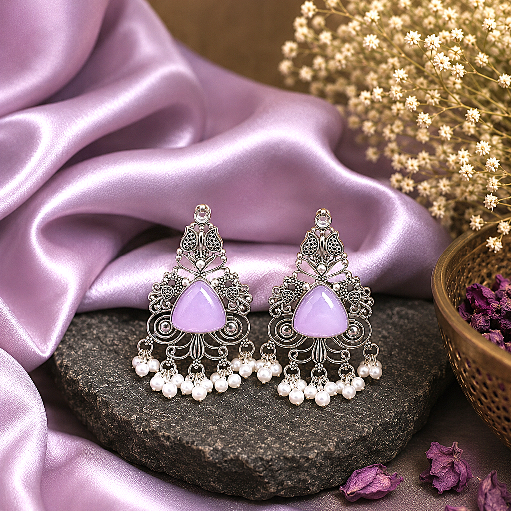 Raannii Lavender Stone Antique Silver Jhumka Earrings