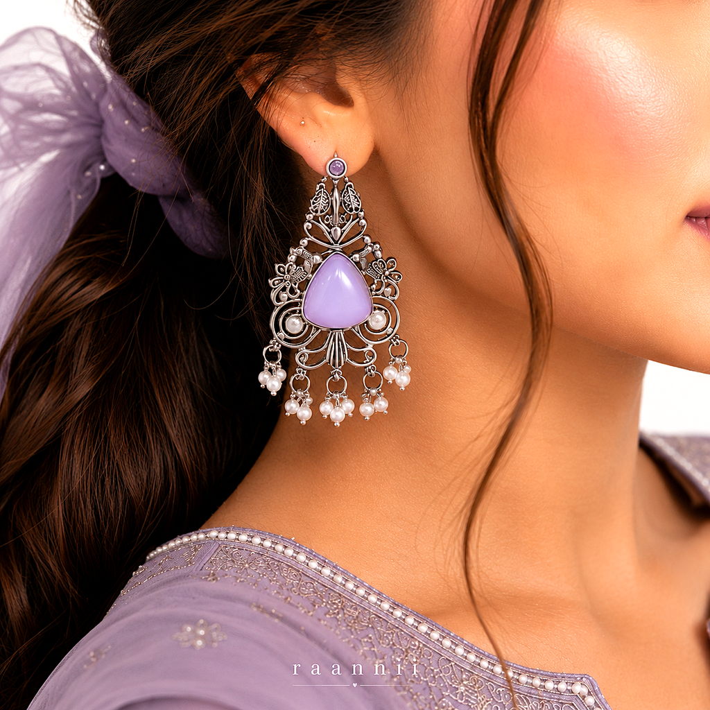 Raannii Lavender Stone Antique Silver Jhumka Earrings