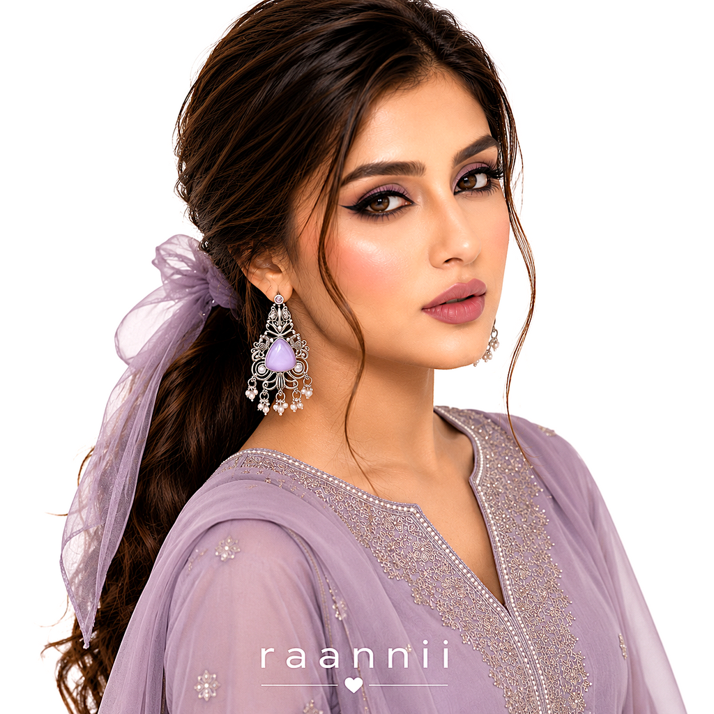 Raannii Lavender Stone Antique Silver Jhumka Earrings