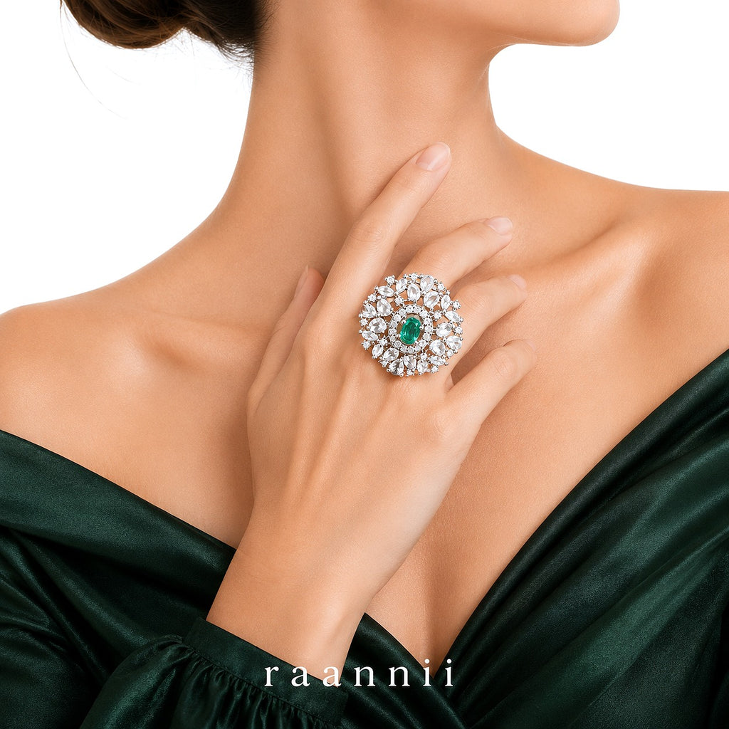 Raannii Rings - Silver Plated Green Stone Floral Statement Adjustable Ring for Women