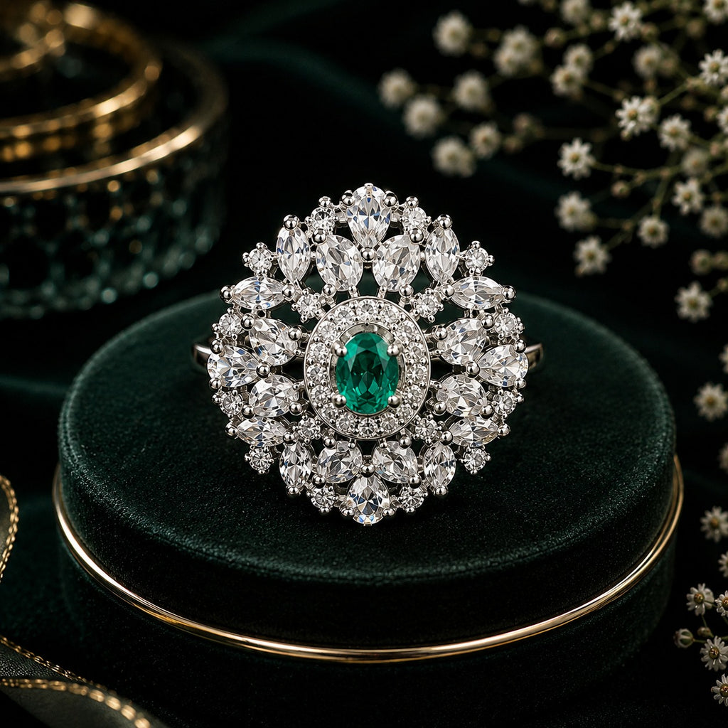 Raannii Rings - Silver Plated Green Stone Floral Statement Adjustable Ring for Women