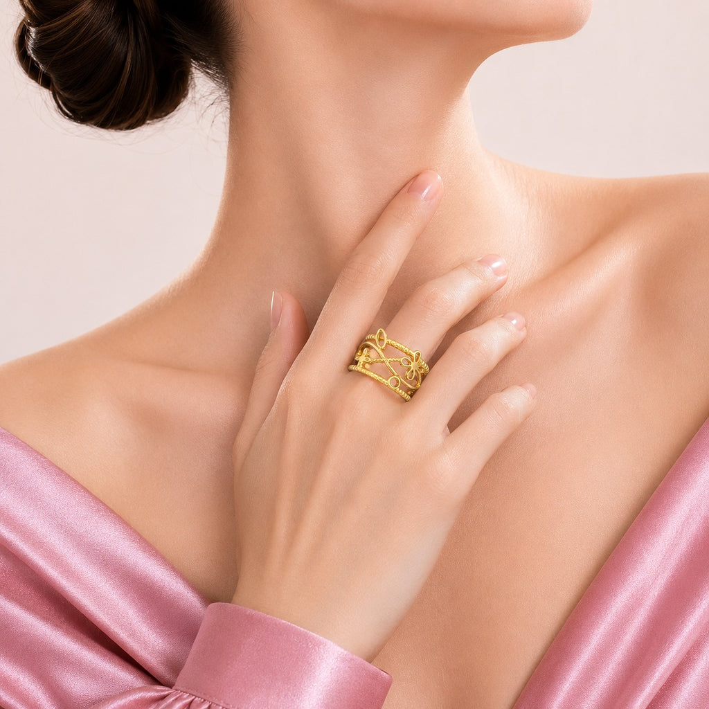 Raannii Ring - Elegant Floral Adjustable Gold Plated Statement Ring for Women
