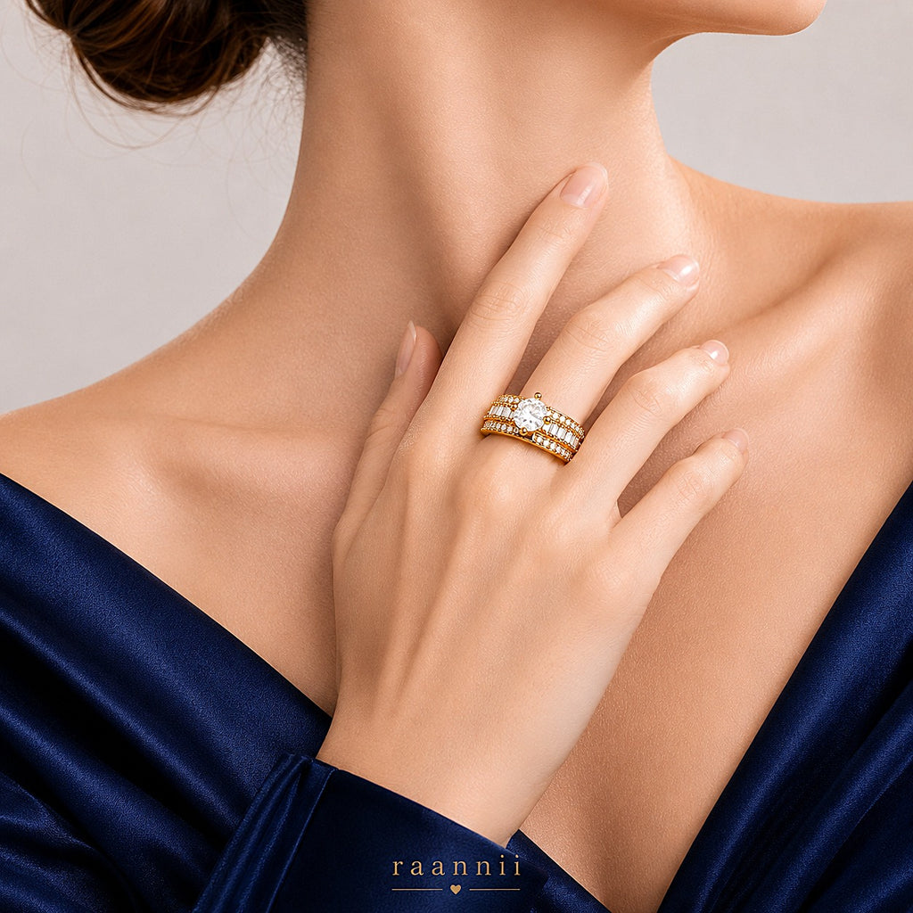 Raannii Ring - Gold Plated Adjustable Crystal Stone Ring for Women