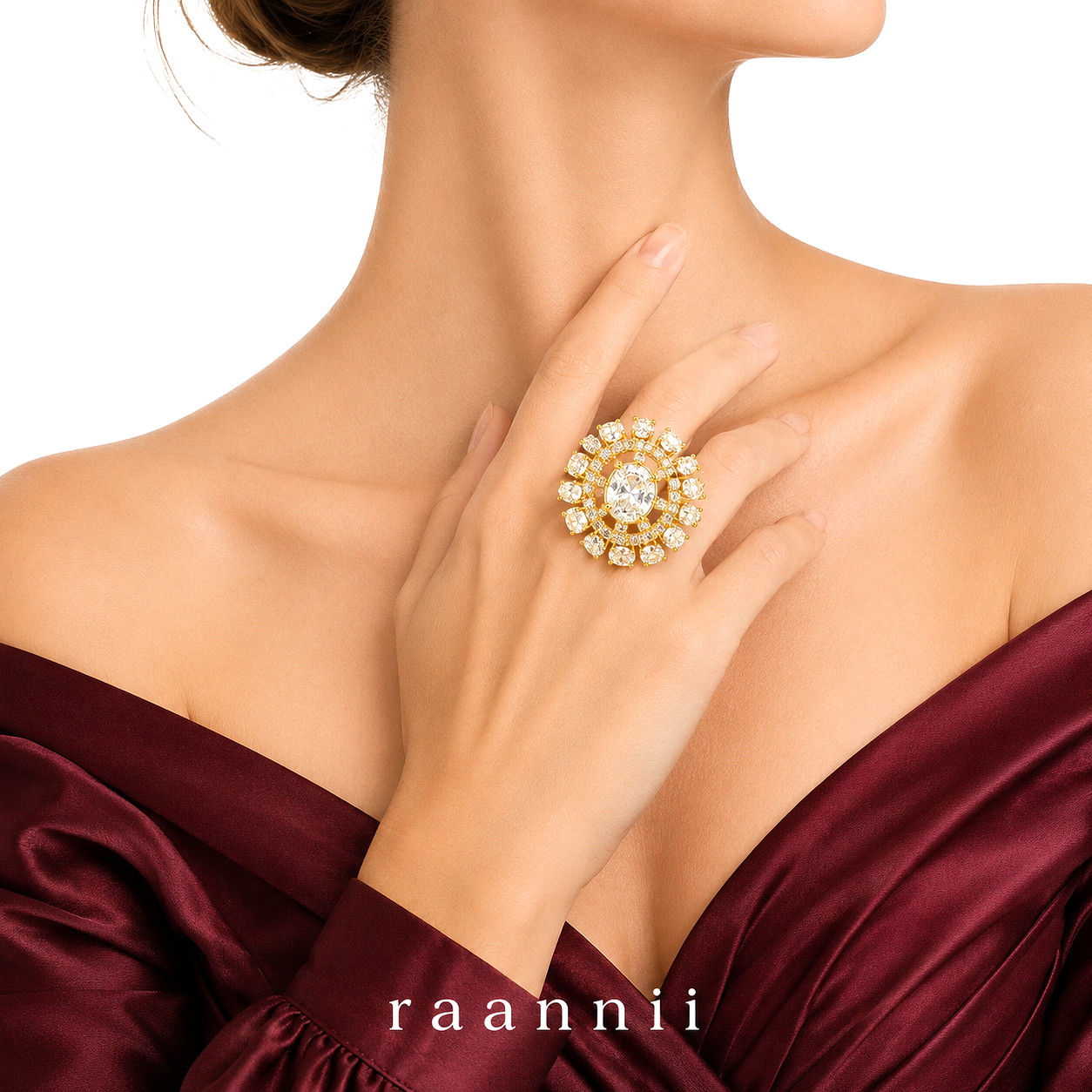 Raannii Ring - Luxury Crystal Floral Gold Plated Statement Ring for Women