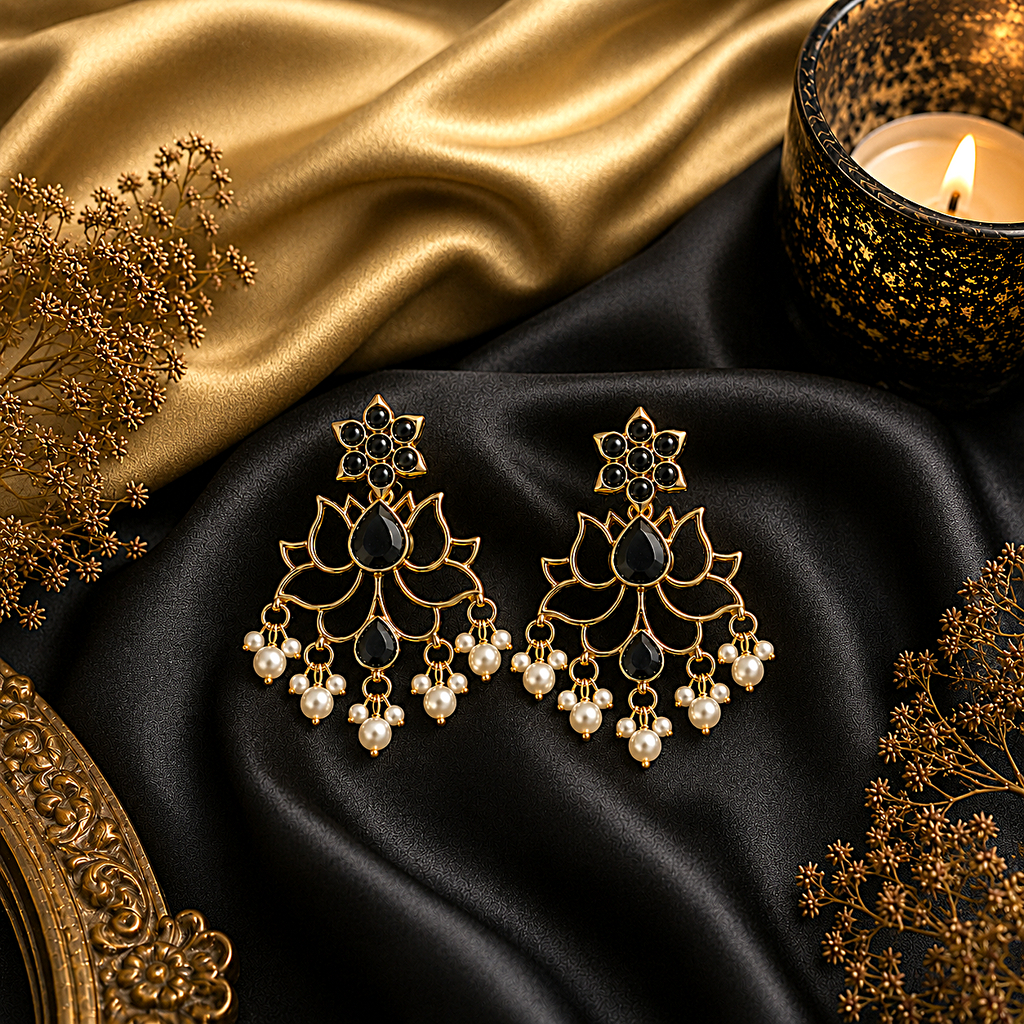 Raannii Black Lotus Earrings – Gold Plated Oxidised  Pearl Drop Statement Earrings