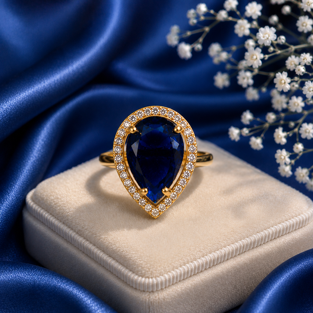 Raannii - Ring Gold Plated Blue Crystal Teardrop Statement Adjustable Ring for Women