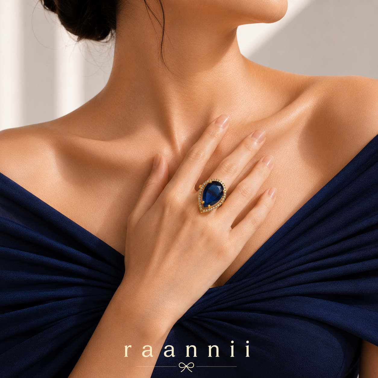 Raannii - Ring Gold Plated Blue Crystal Teardrop Statement Adjustable Ring for Women