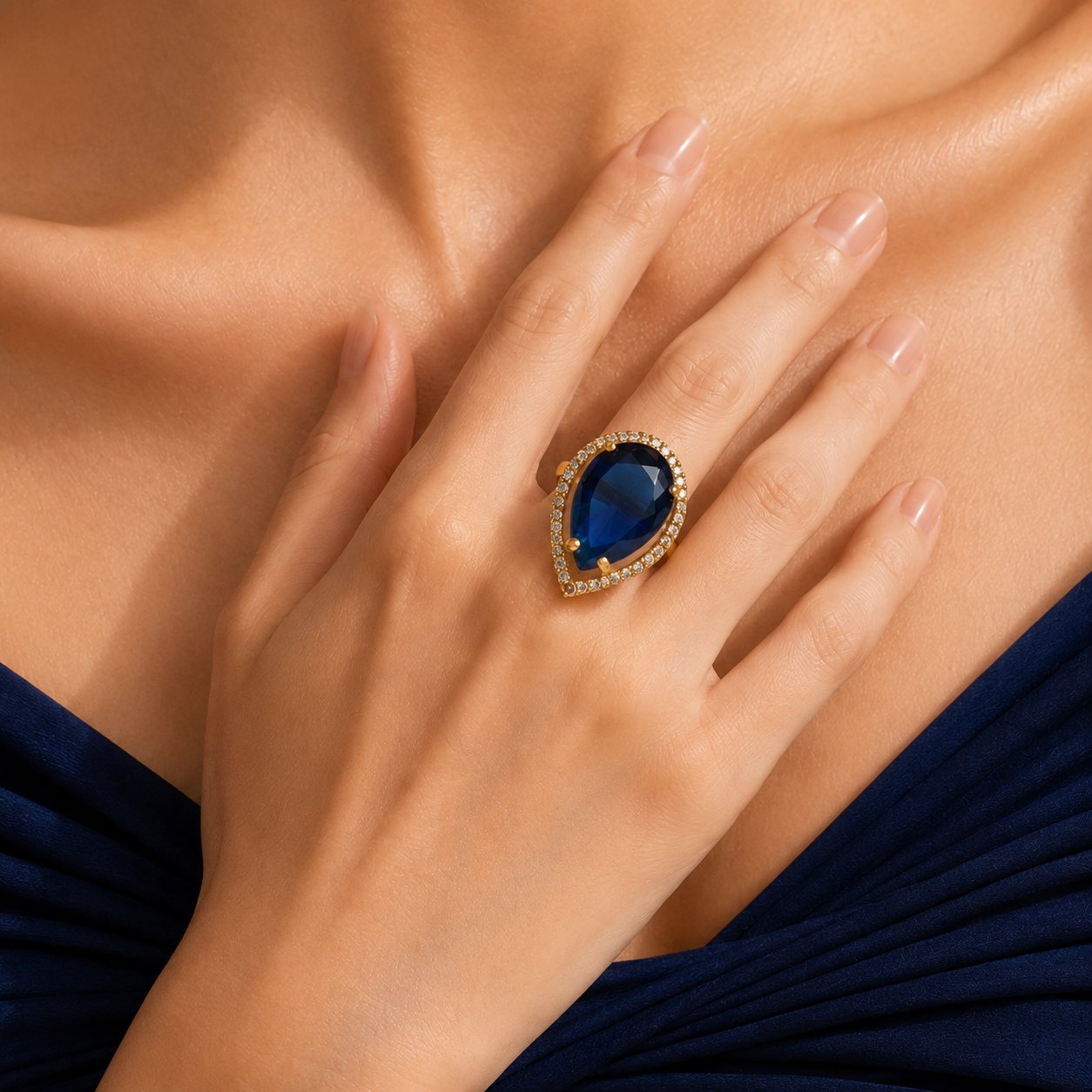 Raannii - Ring Gold Plated Blue Crystal Teardrop Statement Adjustable Ring for Women