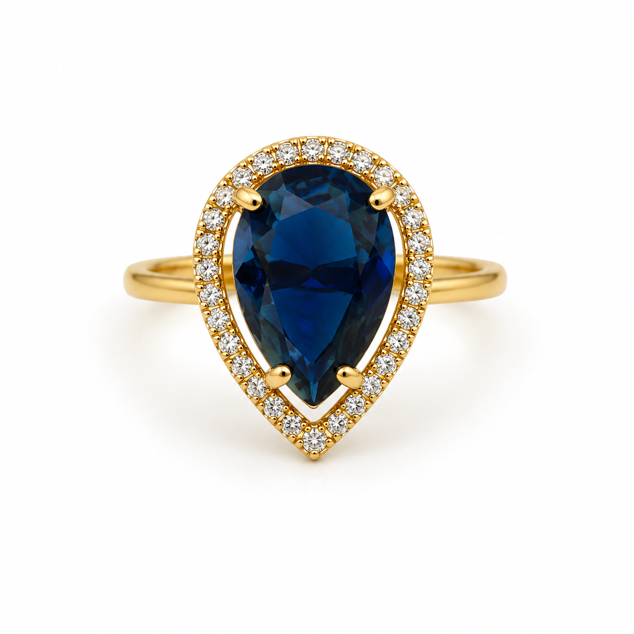 Raannii - Ring Gold Plated Blue Crystal Teardrop Statement Adjustable Ring for Women