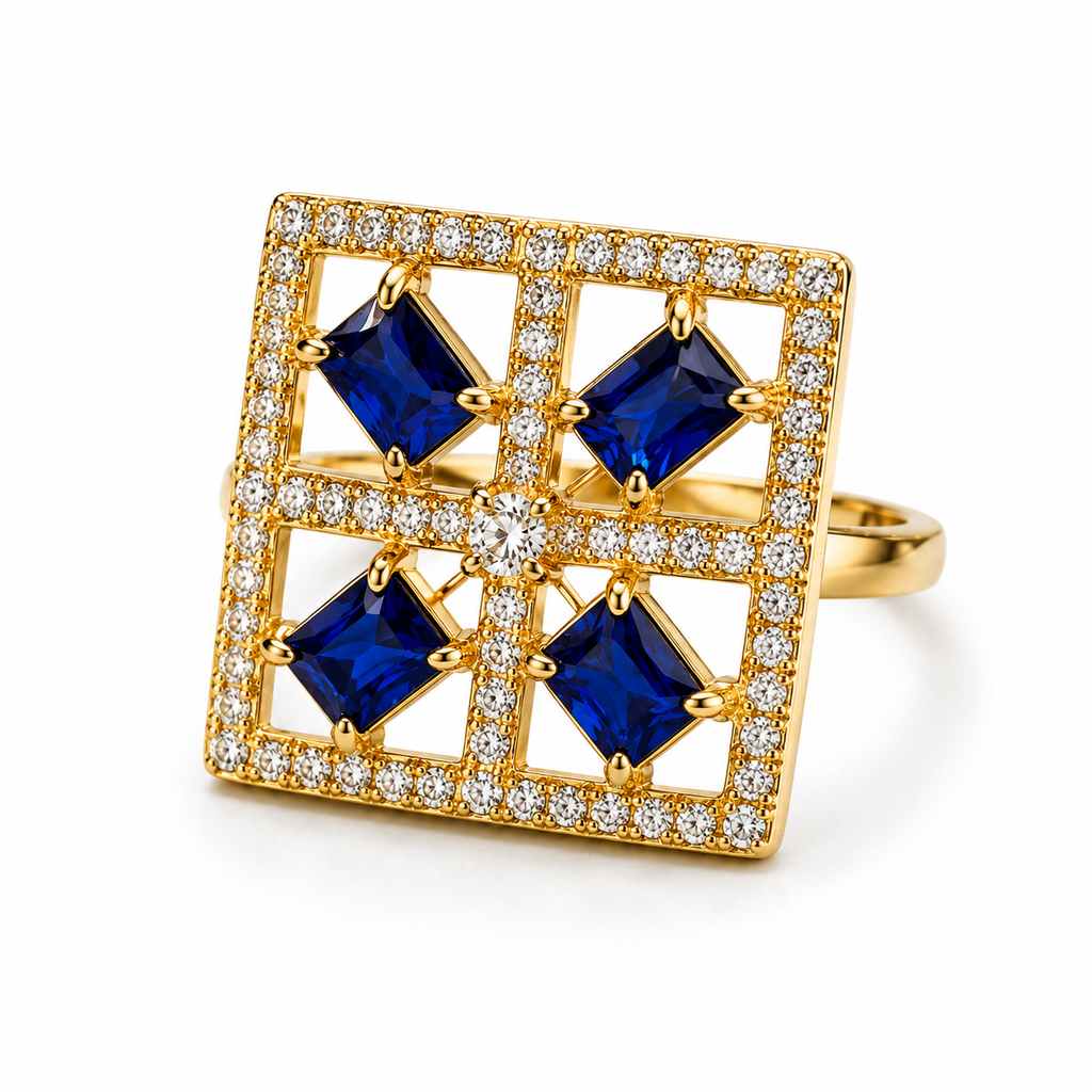 Raannii Ring - Blue Crystal Geometric Statement Ring for Women