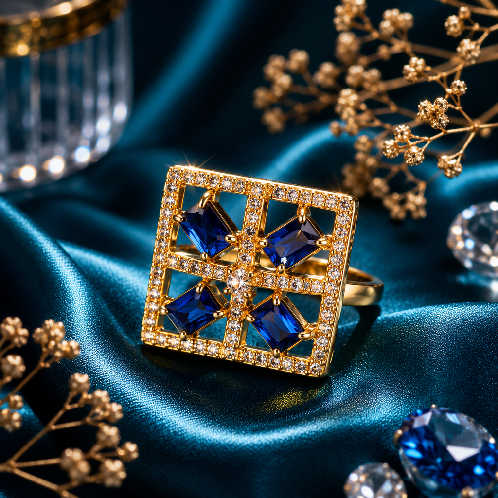Raannii Ring - Blue Crystal Geometric Statement Ring for Women