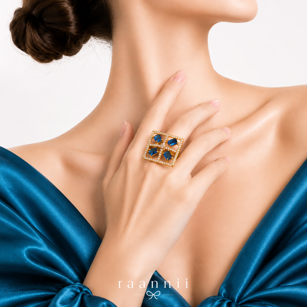 Raannii Ring - Blue Crystal Geometric Statement Ring for Women