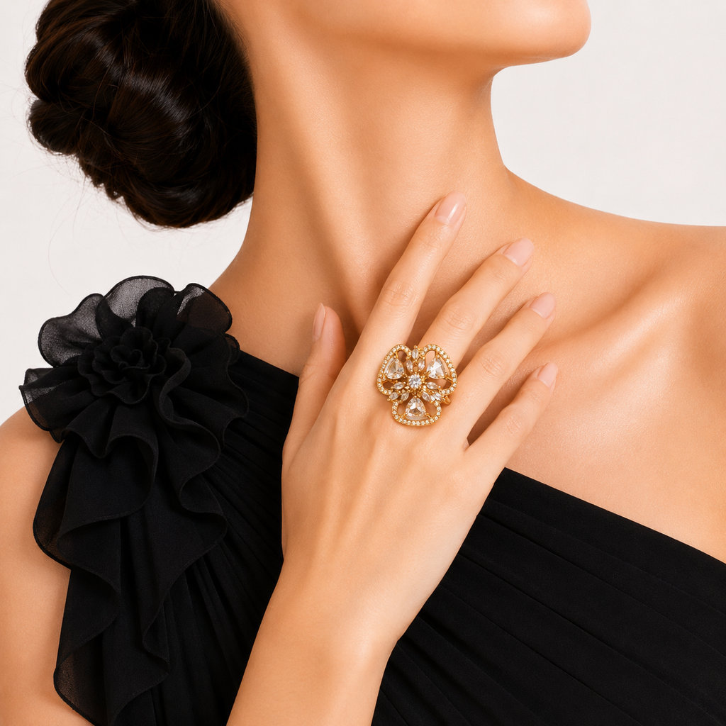 Raannii - Ring Gold Plated Crystal Floral Statement Adjustable Ring for Women
