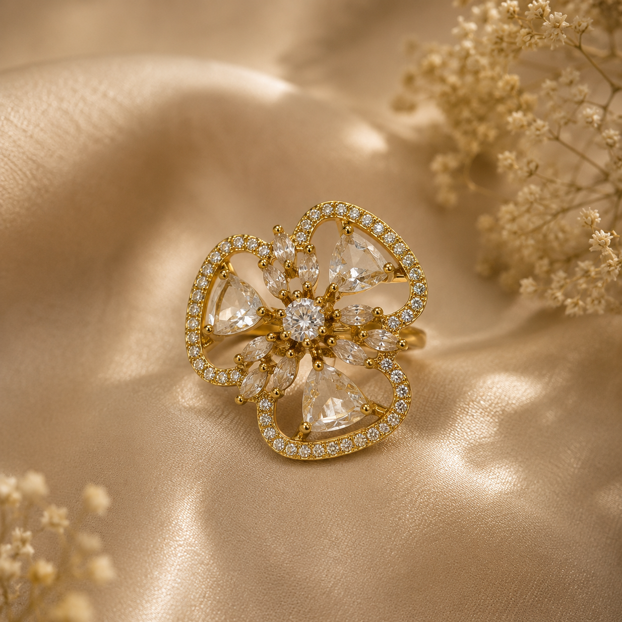 Raannii - Ring Gold Plated Crystal Floral Statement Adjustable Ring for Women
