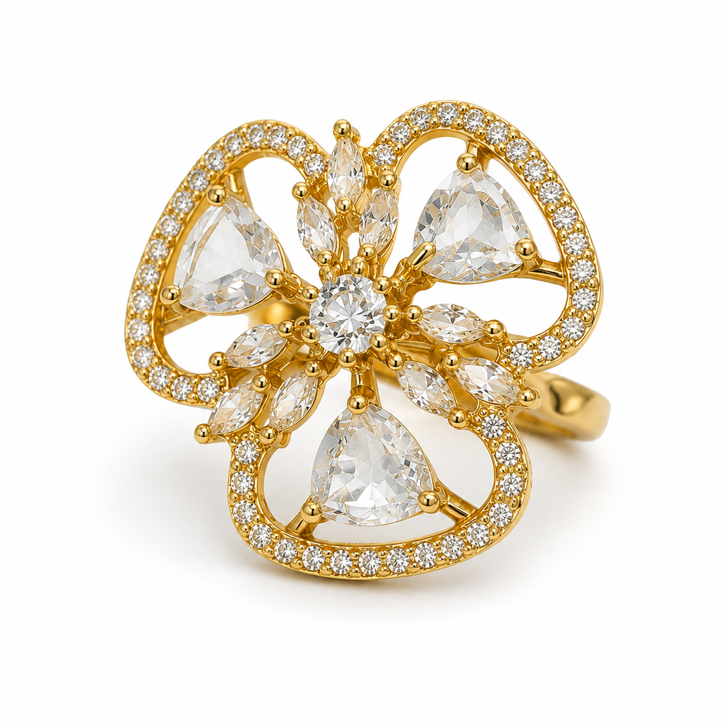 Raannii - Ring Gold Plated Crystal Floral Statement Adjustable Ring for Women