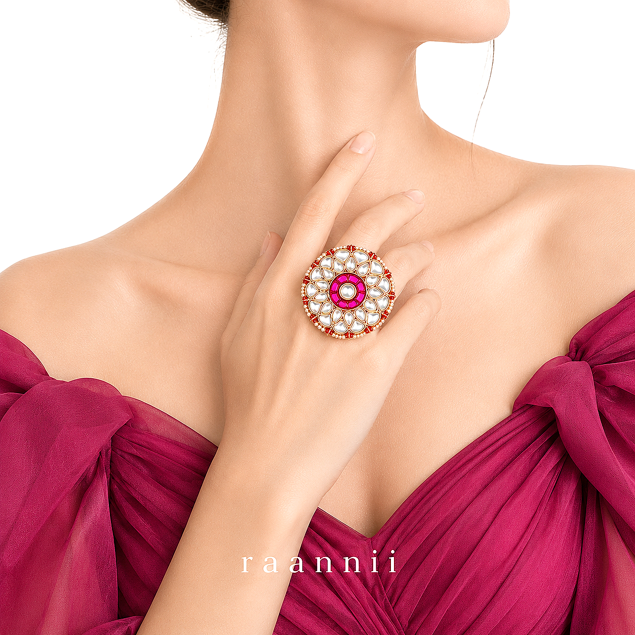 Raannii Rings - Gold Plated Pink Kundan Floral Statement Adjustable Ring for Women