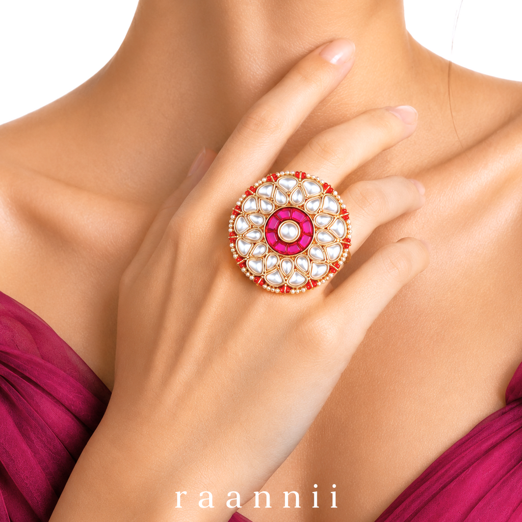 Raannii Rings - Gold Plated Pink Kundan Floral Statement Adjustable Ring for Women