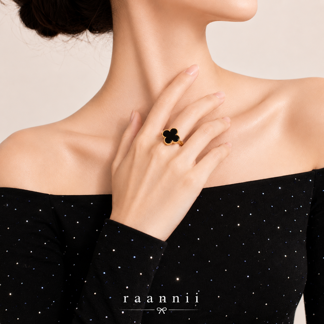 Raannii - Rings Gold Plated Black Clover Adjustable Statement Ring for Women