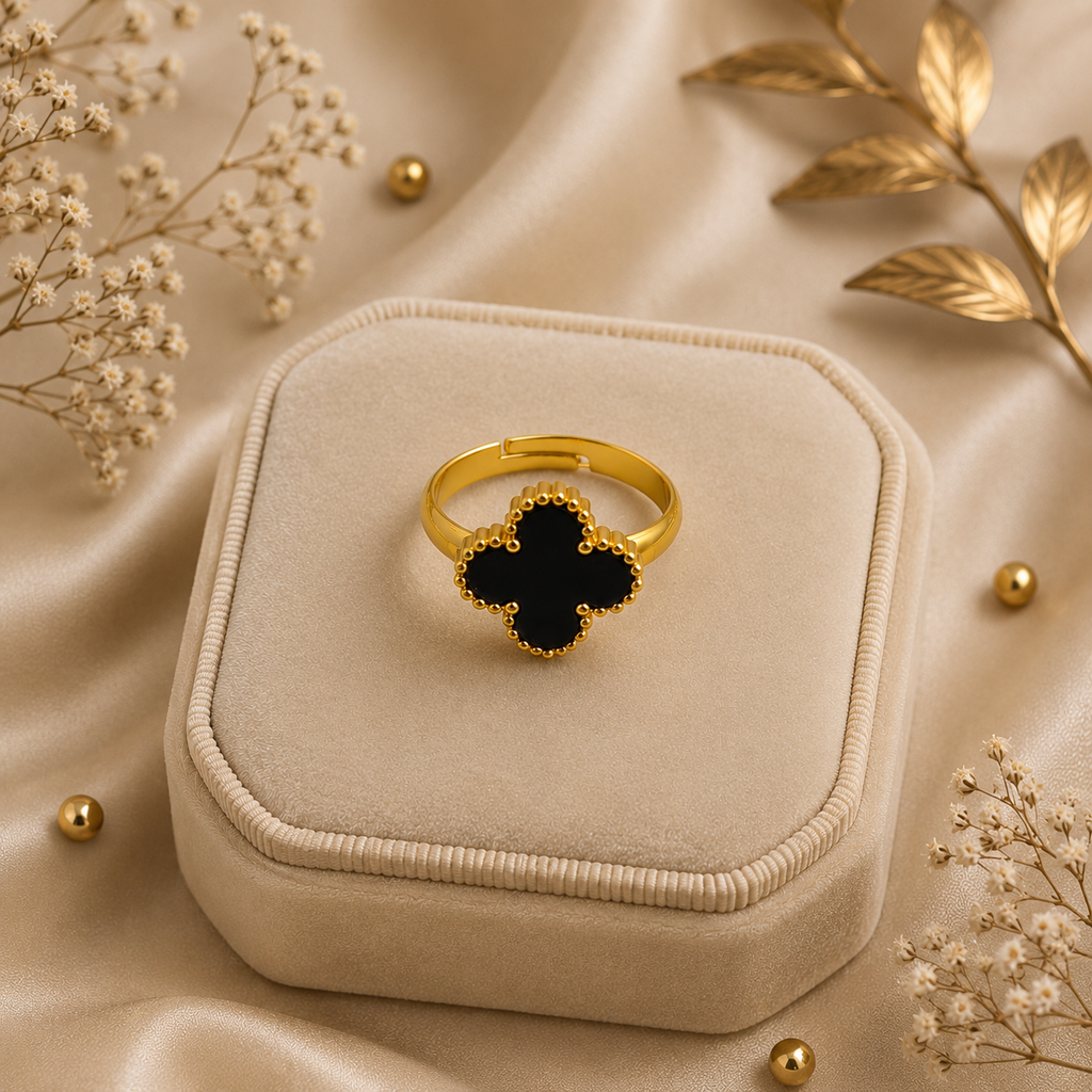 Raannii - Rings Gold Plated Black Clover Adjustable Statement Ring for Women