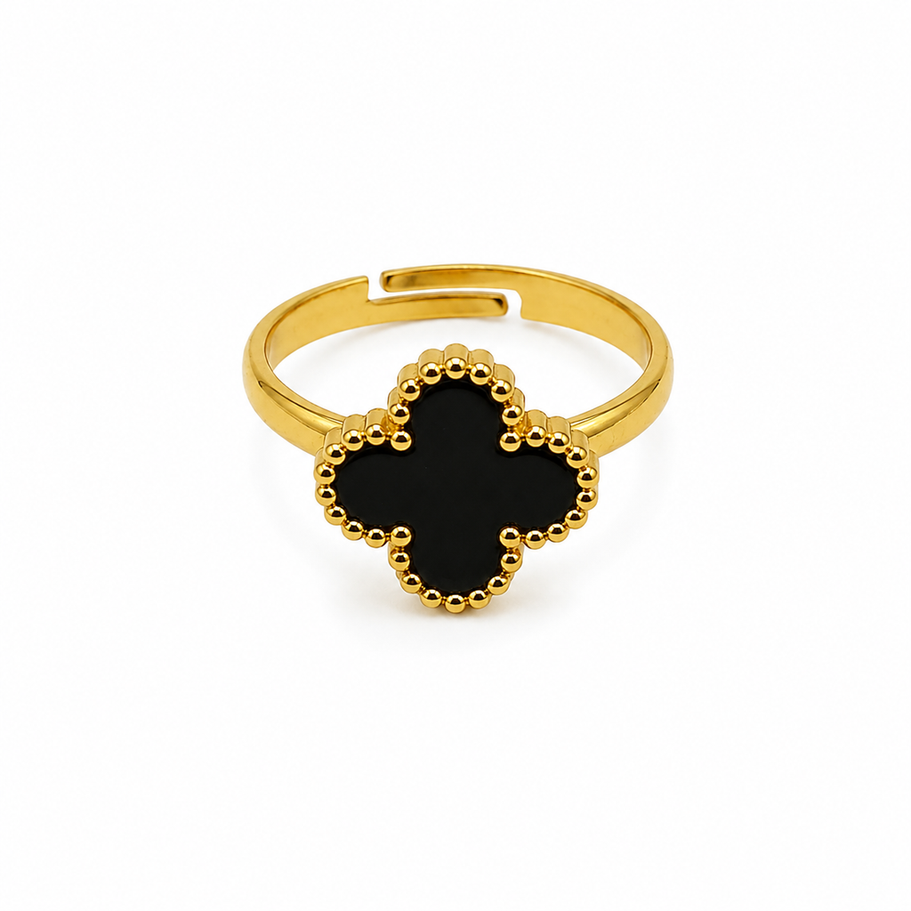 Raannii - Rings Gold Plated Black Clover Adjustable Statement Ring for Women