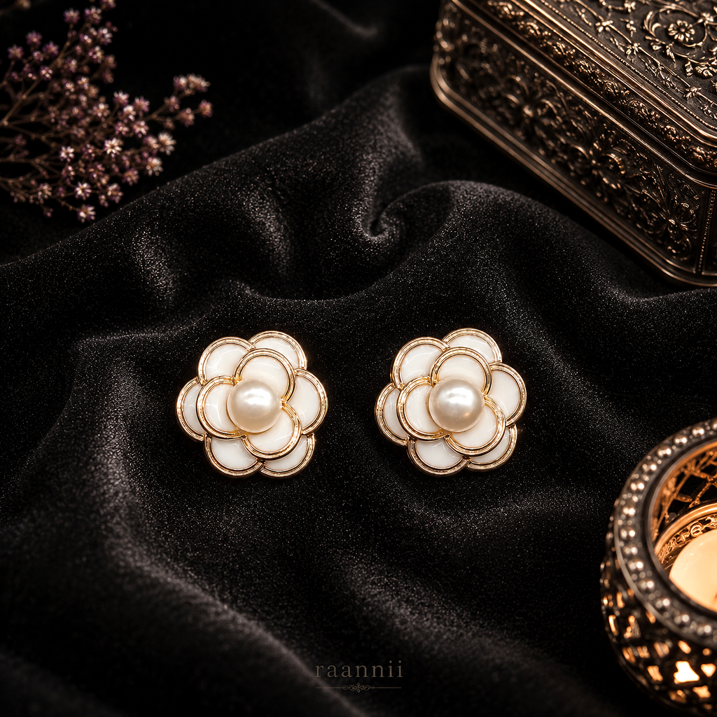 Raannii Earrings - White Floral Pearl Stud Earrings for Women