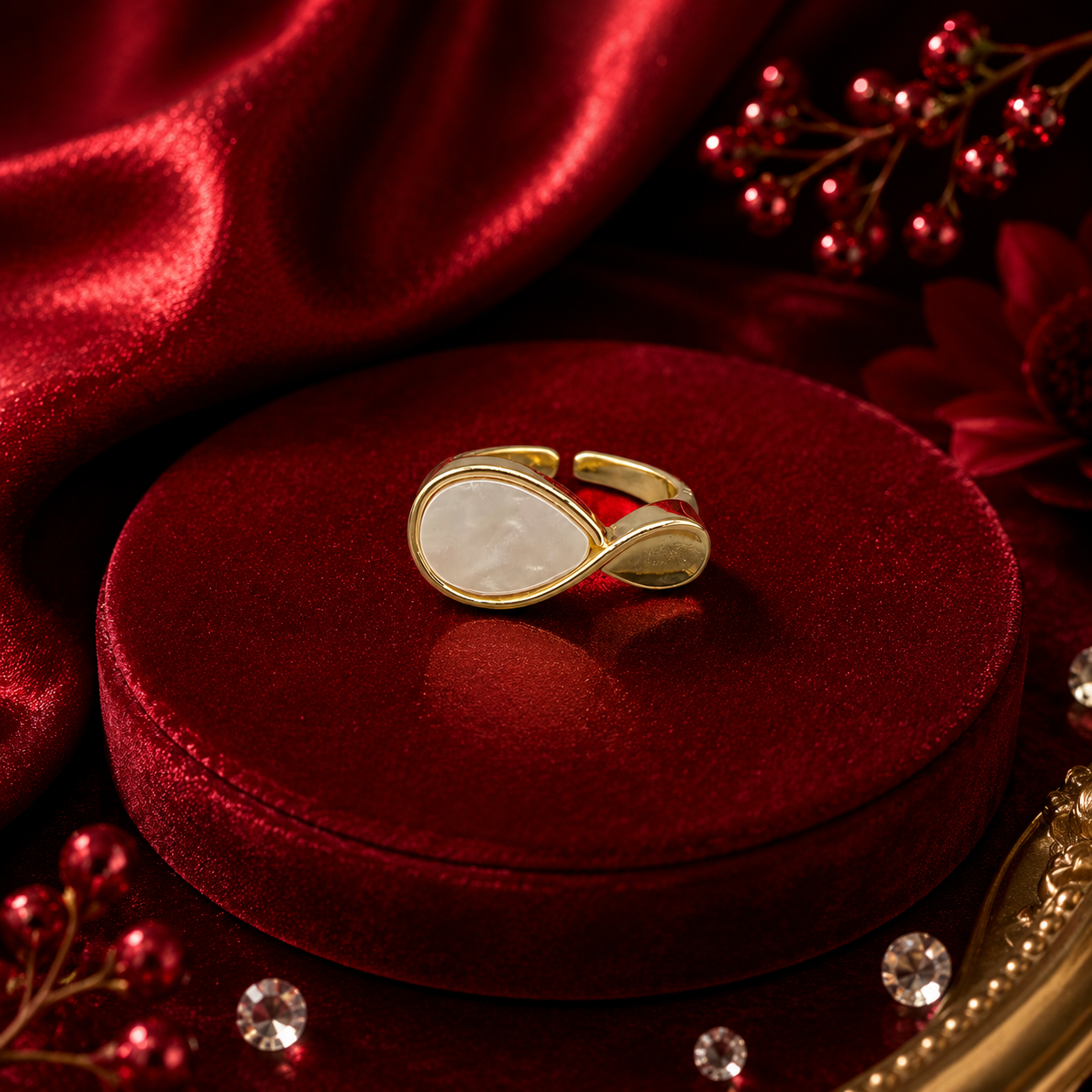 Raannii Ring - Gold Tone Pink Stone Adjustable Statement Ring for Women