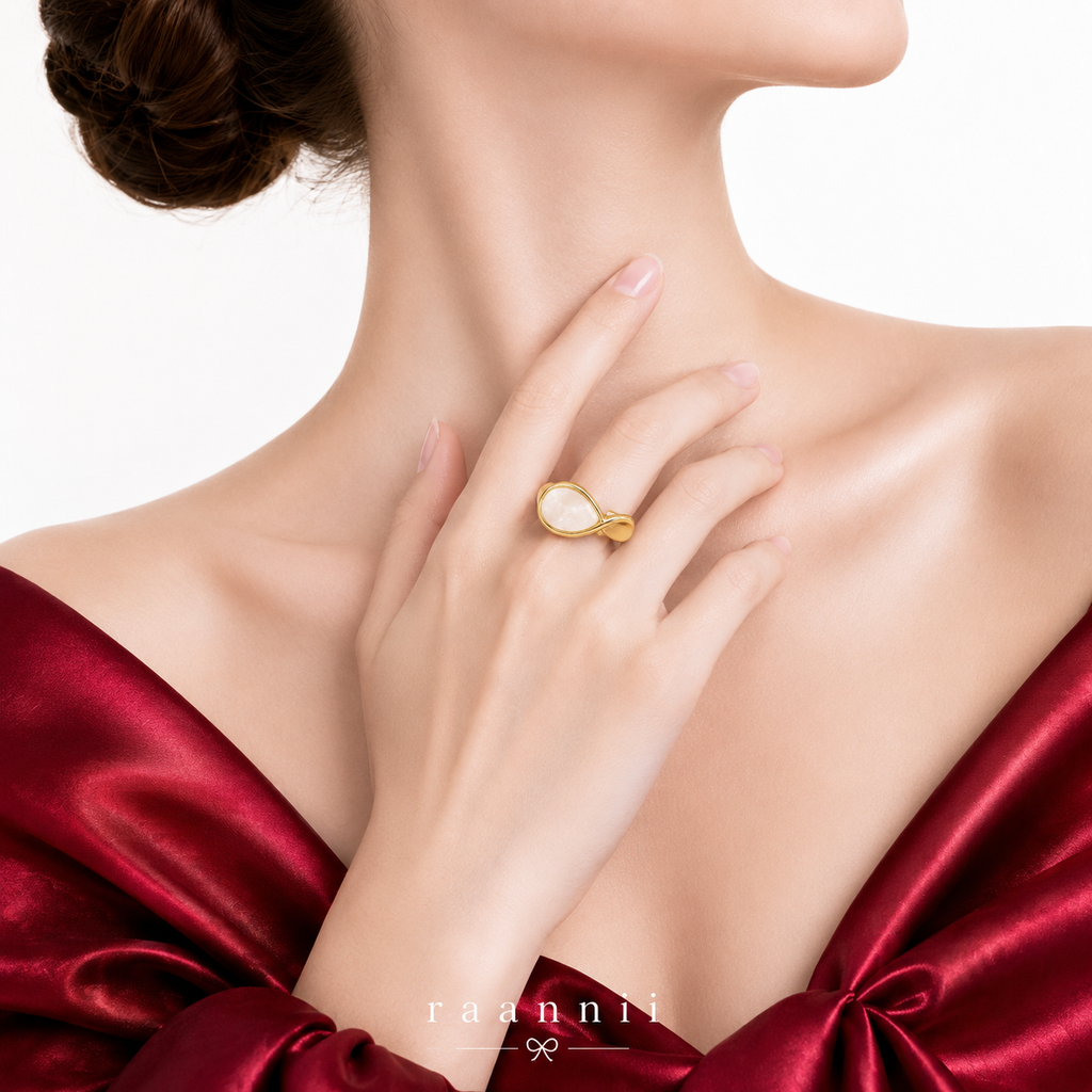 Raannii Ring - Gold Tone Pink Stone Adjustable Statement Ring for Women