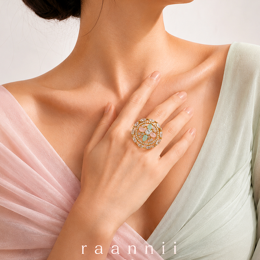 Raannii - Ring Gold Plated Multicolor Crystal Floral Statement Adjustable Ring for Women
