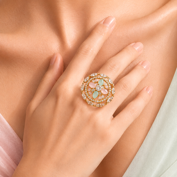 Raannii - Ring Gold Plated Multicolor Crystal Floral Statement Adjustable Ring for Women