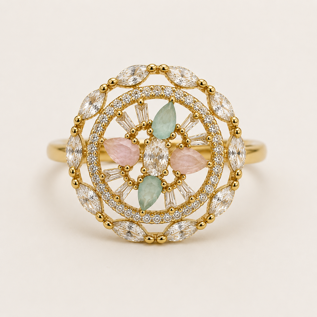 Raannii - Ring Gold Plated Multicolor Crystal Floral Statement Adjustable Ring for Women