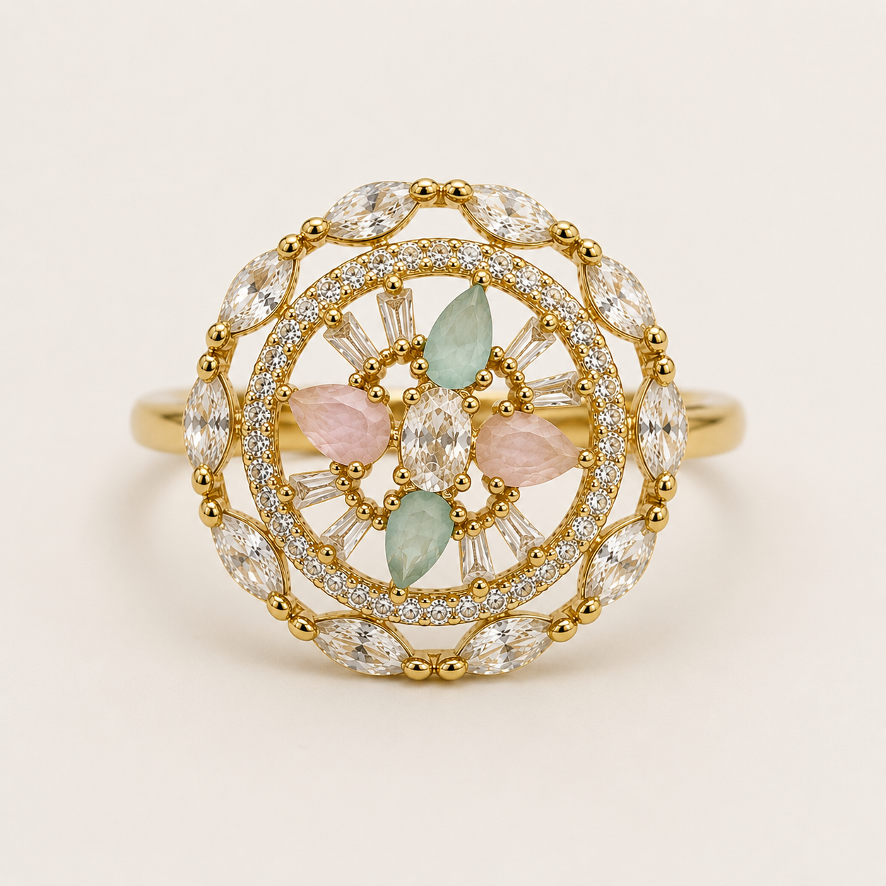 Raannii - Ring Gold Plated Multicolor Crystal Floral Statement Adjustable Ring for Women