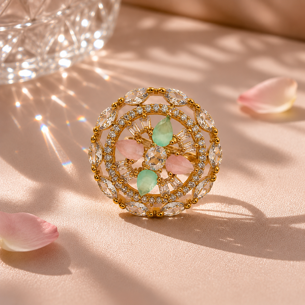 Raannii - Ring Gold Plated Multicolor Crystal Floral Statement Adjustable Ring for Women