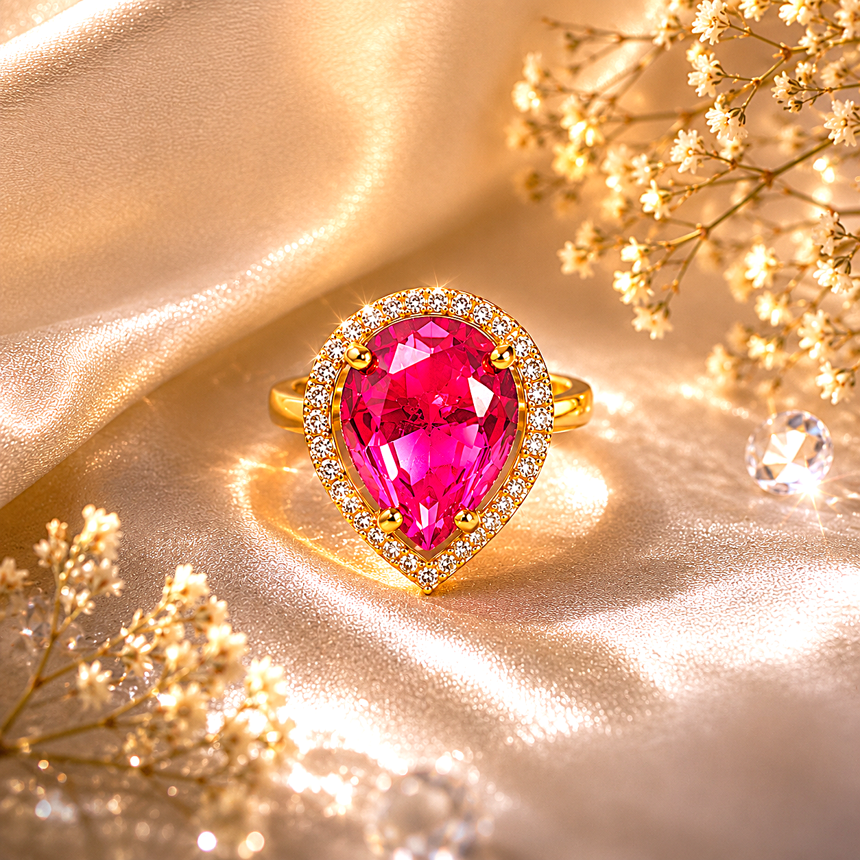 Raannii Rings - Gold Plated Pink Crystal Teardrop Statement Adjustable Ring for Women