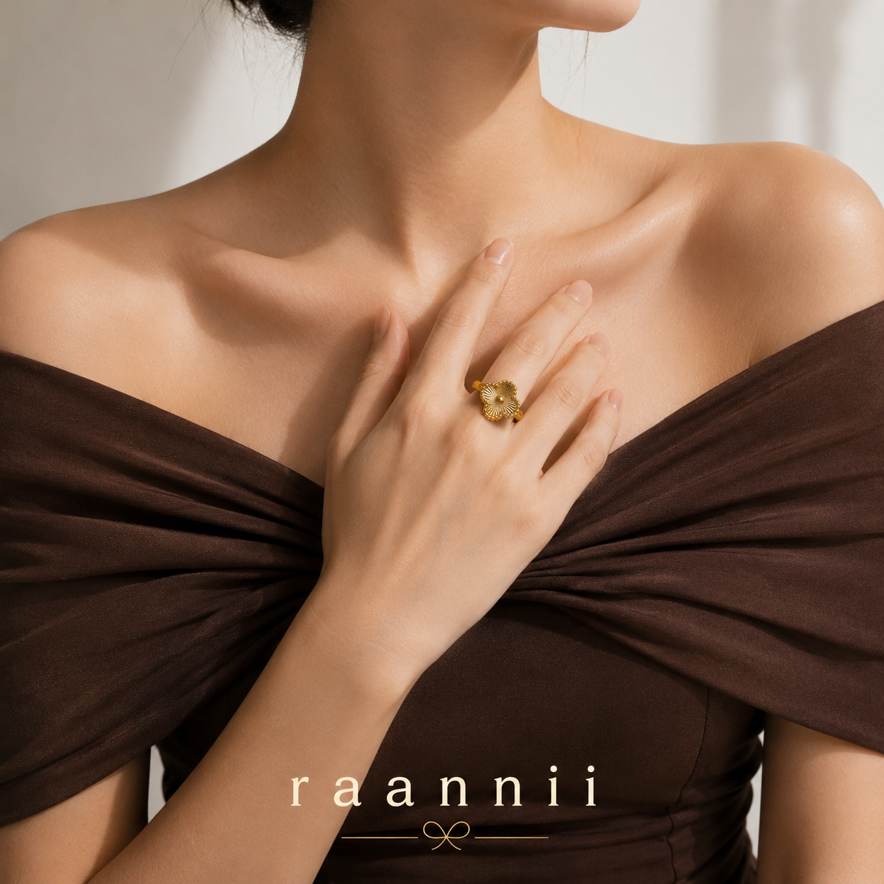 Raannii - Rings Gold Plated Clover Motif Adjustable Statement Ring for Women