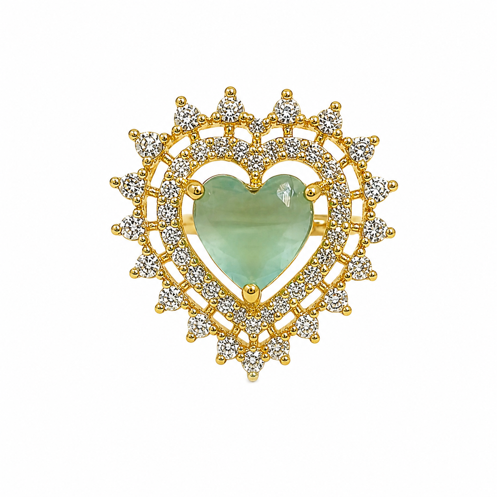 Raannii - Ring Gold Plated Green Heart Crystal Statement Adjustable Ring for Women