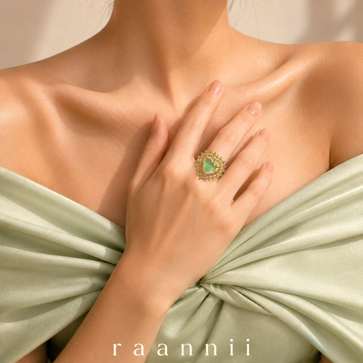 Raannii - Ring Gold Plated Green Heart Crystal Statement Adjustable Ring for Women