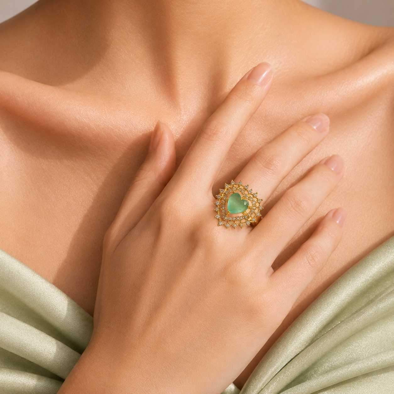 Raannii - Ring Gold Plated Green Heart Crystal Statement Adjustable Ring for Women