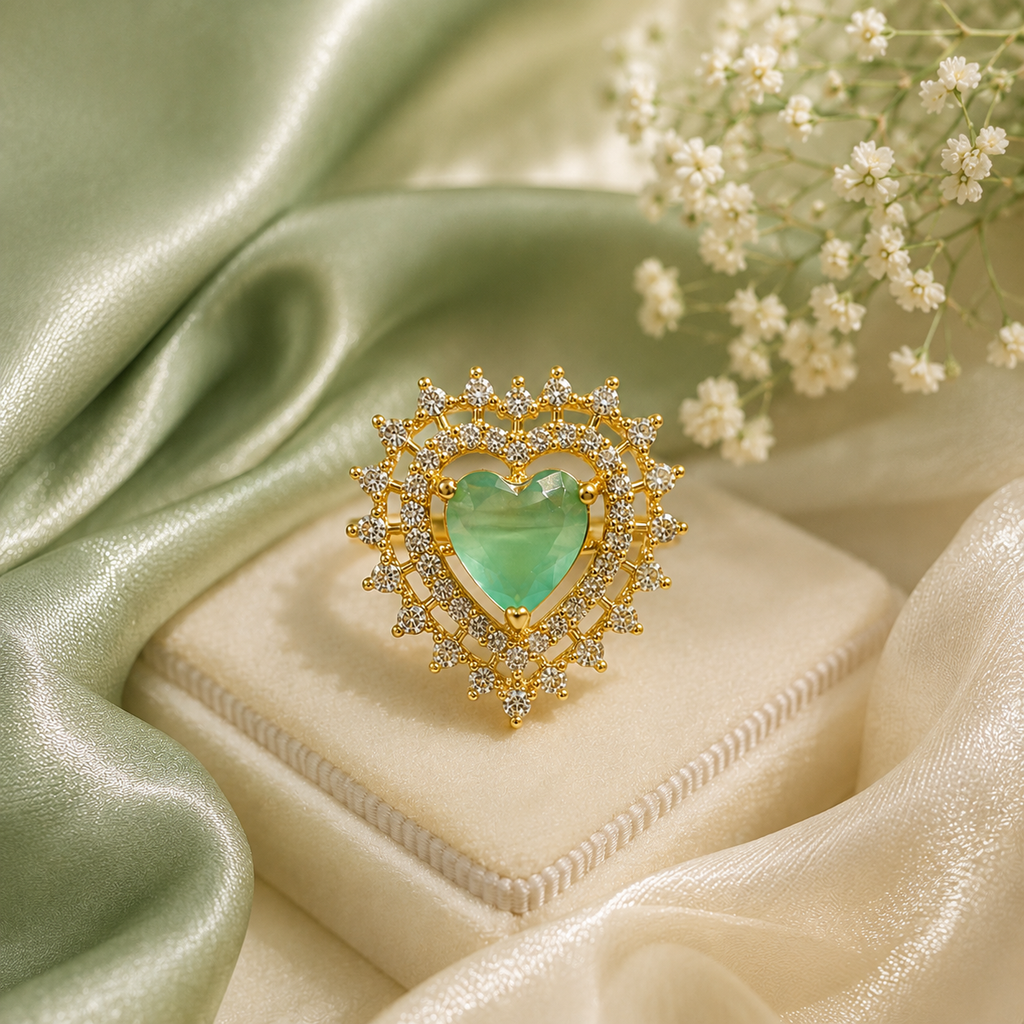 Raannii - Ring Gold Plated Green Heart Crystal Statement Adjustable Ring for Women