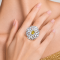 Raannii - Ring Silver Tone Yellow Crystal Floral Statement Adjustable Ring for Women