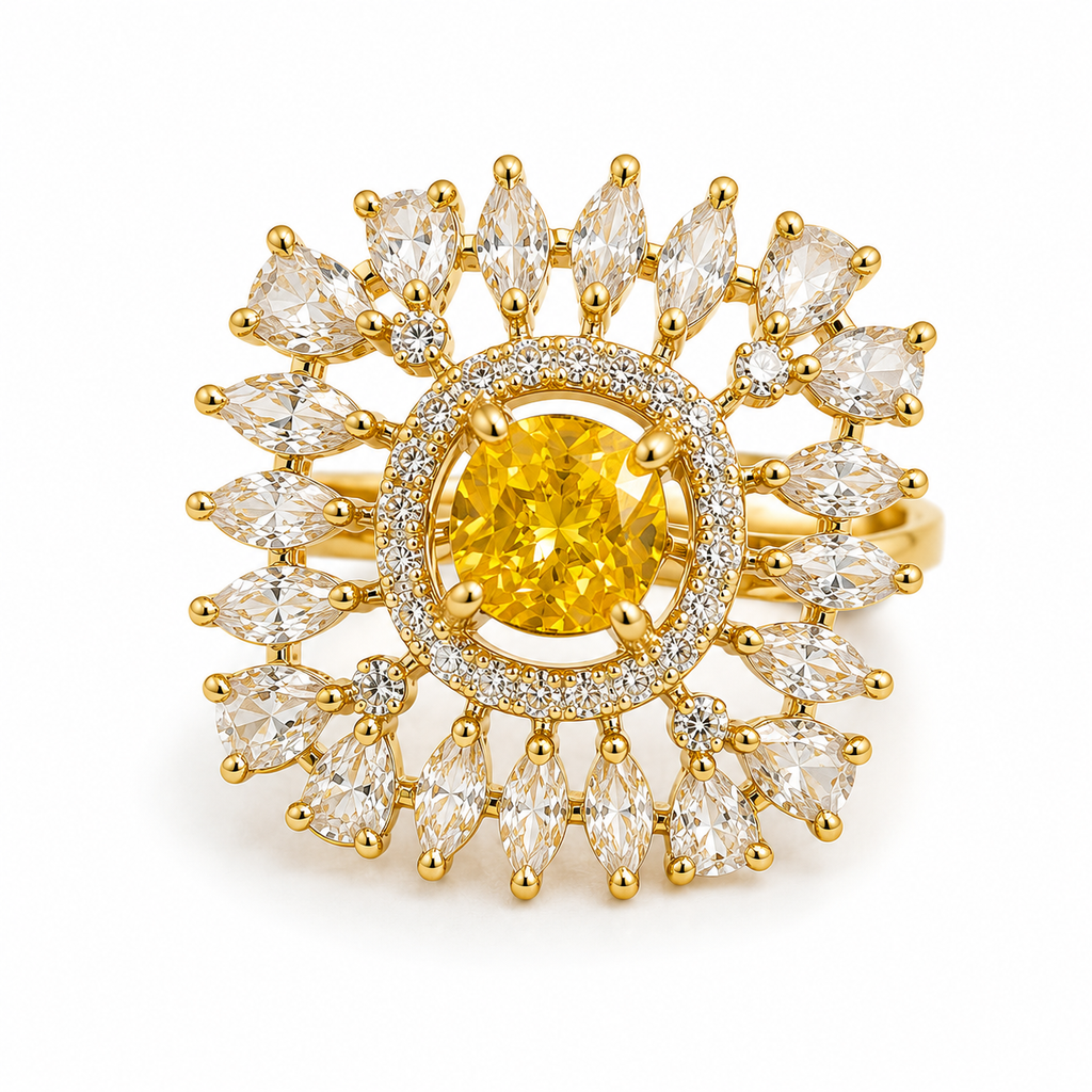 Raannii - Ring Gold Plated Yellow Crystal Sunburst Statement Adjustable Ring for Women