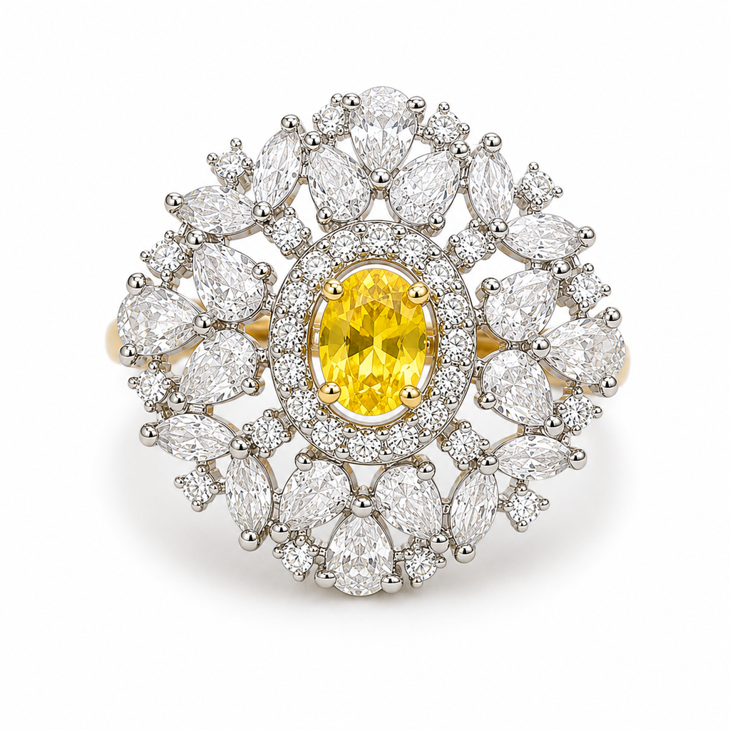 Raannii - Ring Silver Tone Yellow Crystal Floral Statement Adjustable Ring for Women