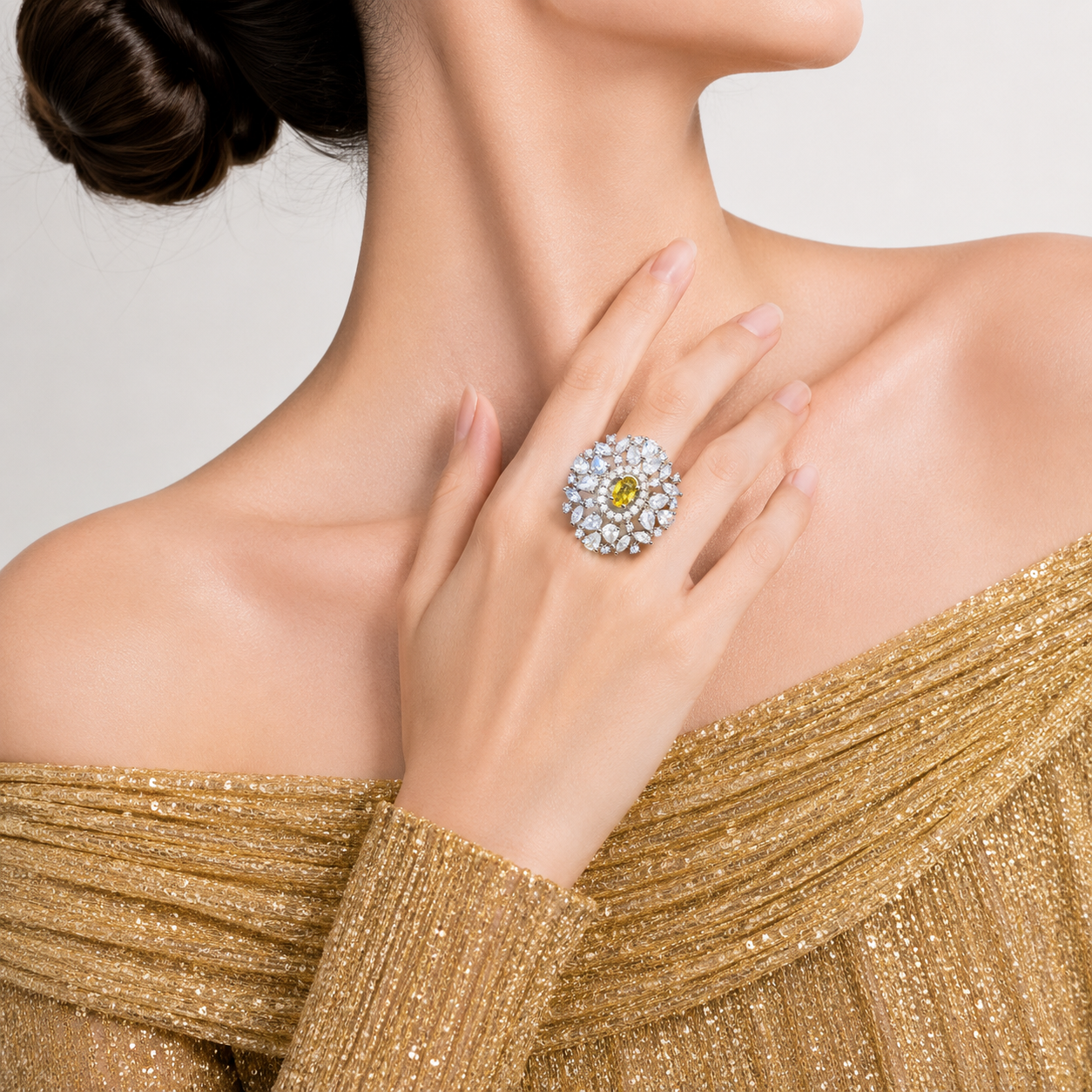 Raannii - Ring Silver Tone Yellow Crystal Floral Statement Adjustable Ring for Women
