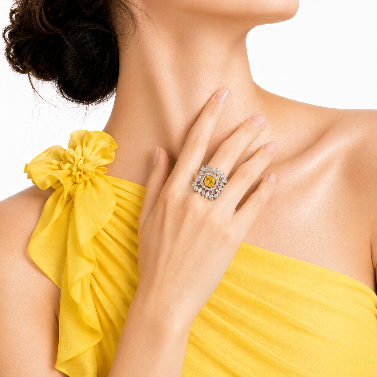 Raannii - Ring Gold Plated Yellow Crystal Sunburst Statement Adjustable Ring for Women