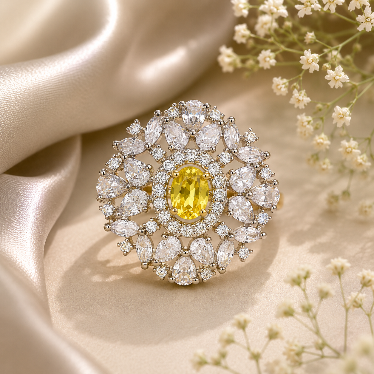 Raannii - Ring Silver Tone Yellow Crystal Floral Statement Adjustable Ring for Women