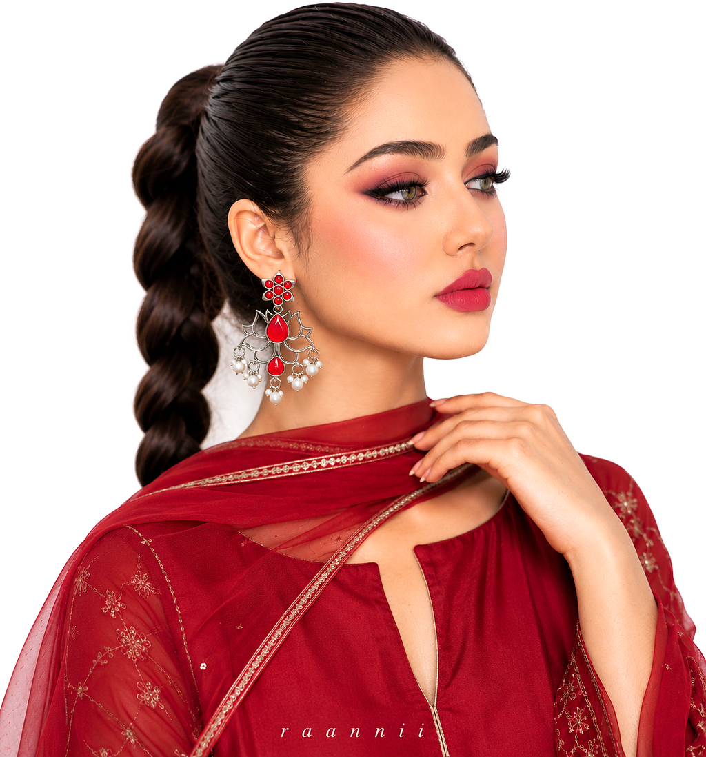 Raannii Red Lotus Earrings – Oxidised Pearl Drop Statement Earrings