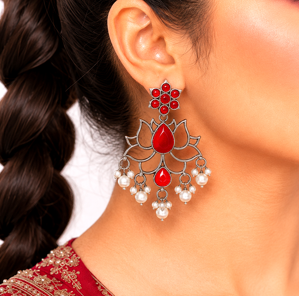 Raannii Red Lotus Earrings – Oxidised Pearl Drop Statement Earrings