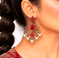 Raannii Red Lotus Earrings – Oxidised Pearl Drop Statement Earrings