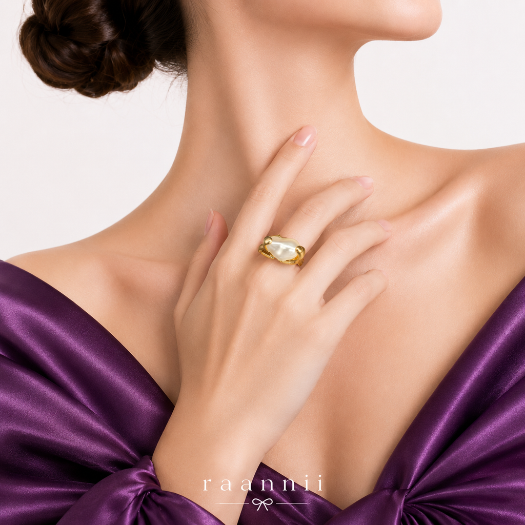 Raannii Ring - Gold Plated Pearl White Stone Adjustable Ring for Women