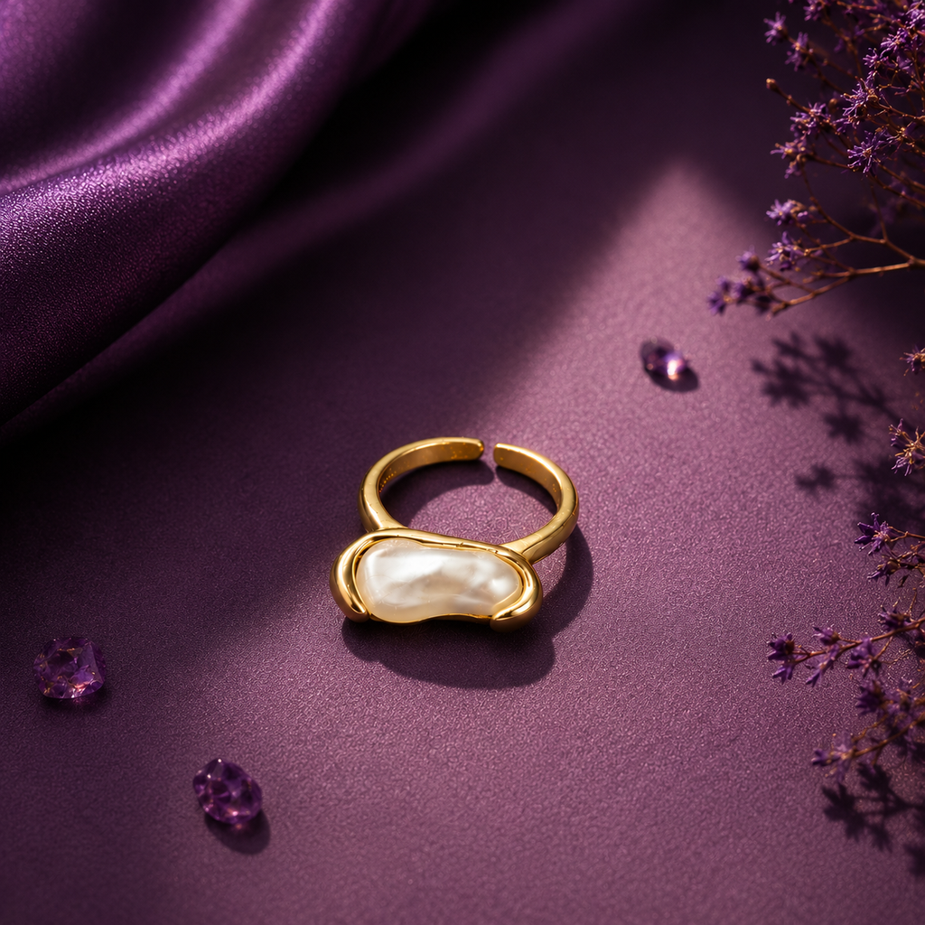 Raannii Ring - Gold Plated Pearl White Stone Adjustable Ring for Women